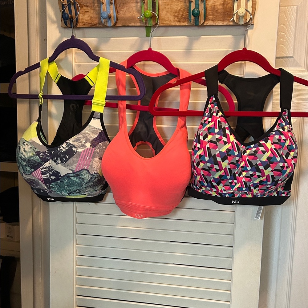 VSX Sports Bra Trio - Neon Coral, Abstract Print, Geometric Pattern all 36 DD